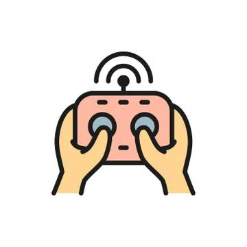 Hands hold remote controller, control panel for drone flat color line icon. Stock Illustration