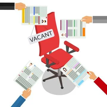 Hands hold resume empty work place. Vacant workplace. Recruitment Stock Illustration