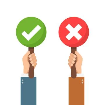 Hands hold signboard icon in flat style. Right and wrong feedback vector il.. Ilustración de archivo