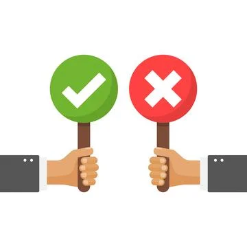 Hands hold signboard icon in flat style. Right and wrong feedback vector il.. Stock Illustration