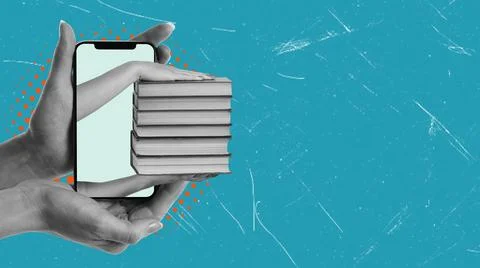 Hands hold a smartphone with a blank screen next to a stack of books. The bac Foto stock
