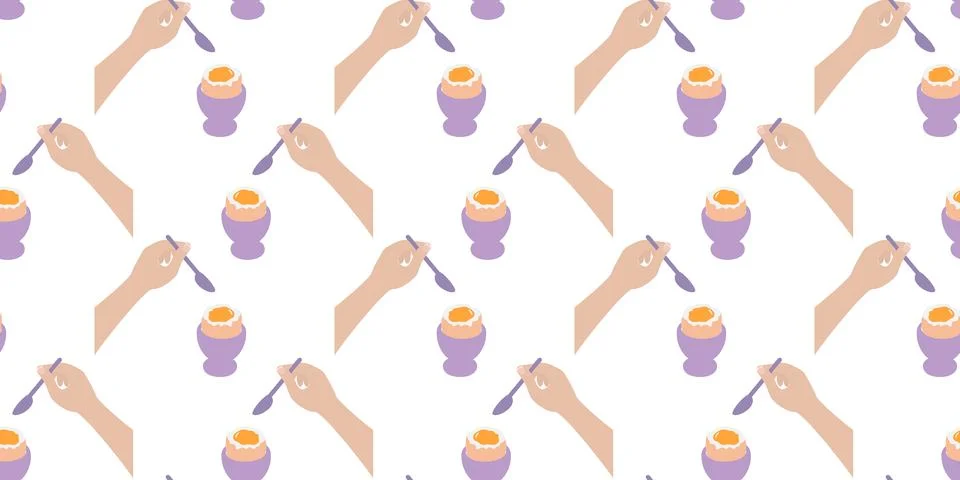 Hands hold spoon and Soft Boiled Egg in egg bowl Seamless Pattern Banner Format Stock Illustration