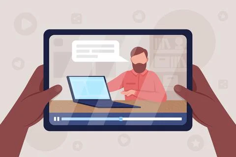 Hands hold tablet with computer unpacking video flat color vector illustratio イラスト素材