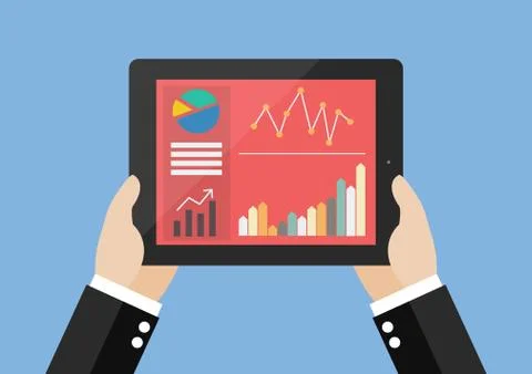 Hands hold tablet with flat simplistic inforgraphic charts on a screen Stock Illustration