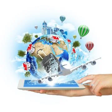 Hands hold tablet pc with Earth, buildings and trees Foto stock
