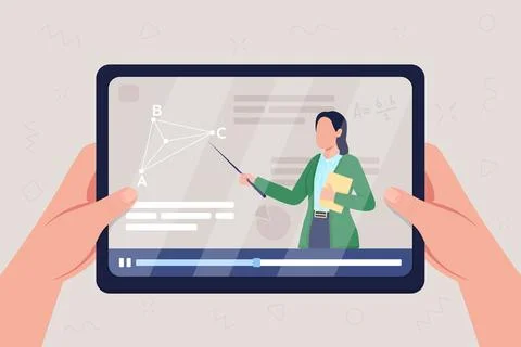 Hands hold tablet with video on geometry class flat color vector illustration Illustrazione stock
