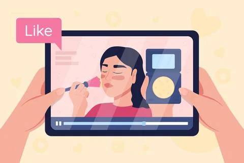 Hands hold tablet with video on make up tutorial flat color vector illustrati Stock Illustration