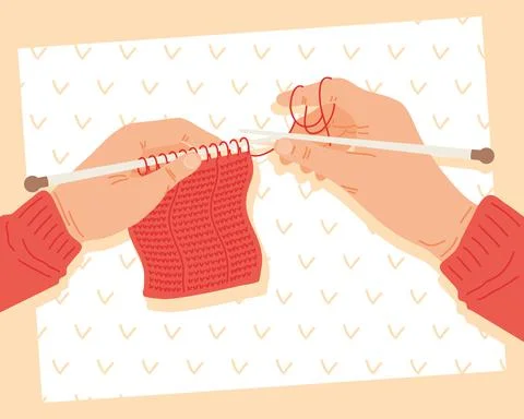 Hands holdigng knitting needles with pattern Illustrazione stock