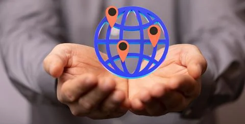 Hands holding a 3d rendered globe with map pins, artificial intelligence, and Stock Photos