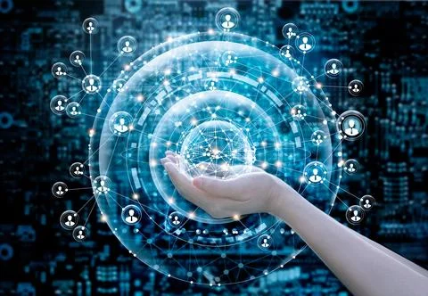 Hands holding on abstract circle global business network connection Stock Photos