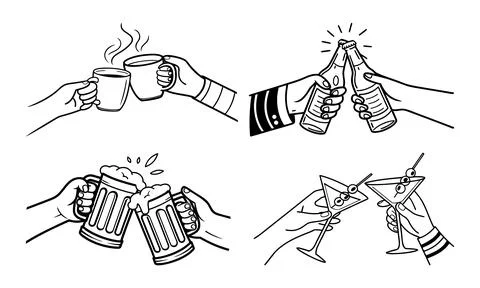Hands holding and clinking coffee cups beer bottles and glasses 1 Stock Illustration