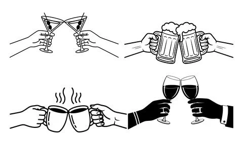 Hands holding and clinking martini glasses beer mugs and coffee cups Stock Illustration