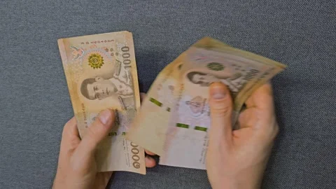 Hands holding and counting Thai 1000 baht banknotes. Finance, currency Stock Footage 310844848