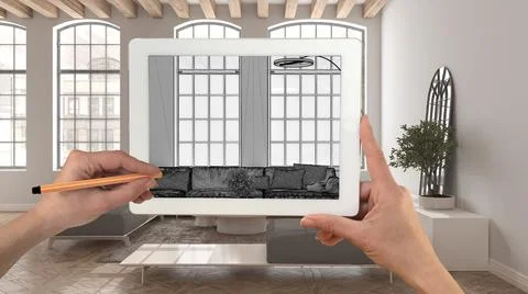 Hands holding and drawing on tablet showing modern living room with sofa and  Stock Illustration