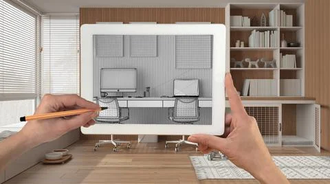 Hands holding and drawing on tablet showing pet friendly home office with des Ilustración de archivo