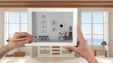 Hands holding and drawing on tablet showing cover living room, marine style,  Stock Illustration