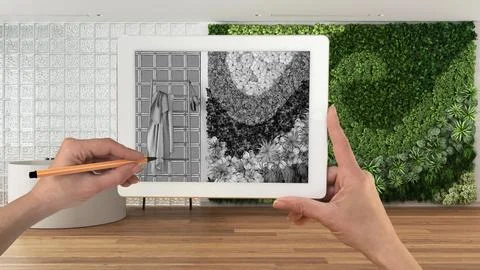 Hands holding and drawing on tablet showing bathroom with vertical garden, .. Stock Illustration