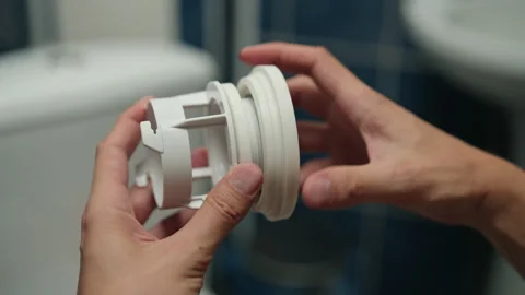 Hands holding and fitting together components of white plastic toilet flush Stock Footage 318748821