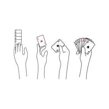 Hands holding and interacting with playing cards. Minimalist vector illustr.. Stock Illustration