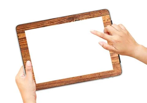 Hands holding and point on tablet pc Stock Photos