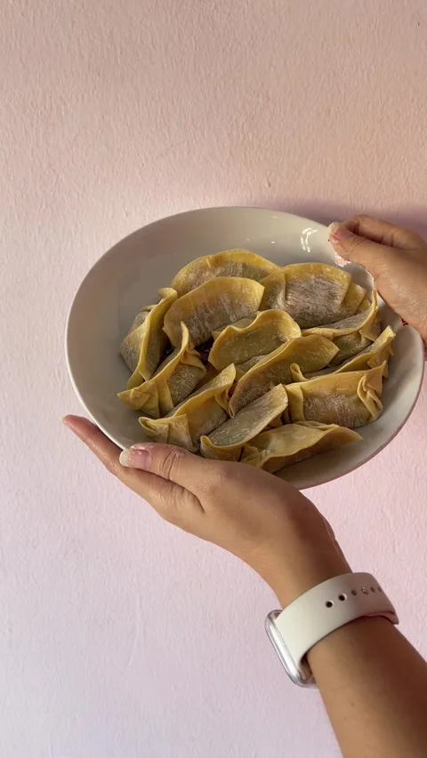 Hands Holding And Showing Plate Of Raw Folded Pork Dumplings Stock Footage 330565808