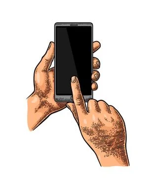 Hands holding and touching a large mobile phone. Stock Illustration