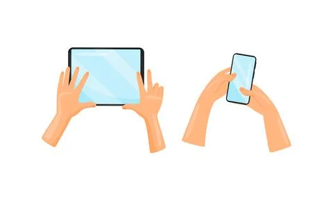 Hands Holding and Using Tablet PC and Smartphone as Wireless Gadget with Sensory Illustrazione stock