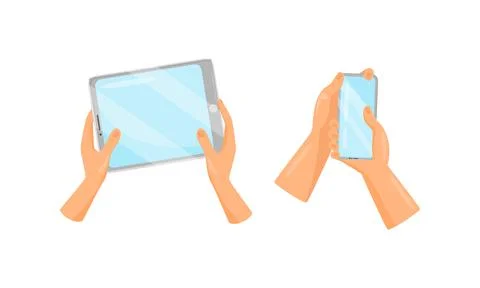 Hands Holding and Using Tablet PC and Smartphone as Wireless Gadget with Sensory Stock Illustration