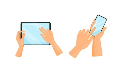 Hands Holding and Using Tablet PC and Smartphone as Wireless Gadget with Sensory Illustrazione stock