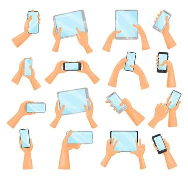Hands Holding and Using Tablet PC and Smartphone as Wireless Gadget with Sensory Stock Illustration