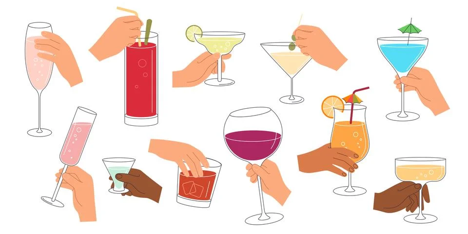 Hands Holding Assorted Cocktail Drinks Set Stock Illustration