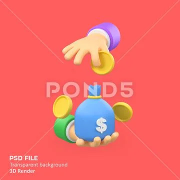 Hands holding bag money and gold coin isolated 3d render icon illustration Modello PSD