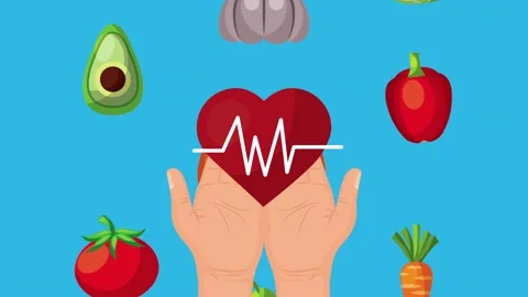 Hands holding a beating heart animation surrounded by various fresh vegetab.. Vídeos de archivo 334521615
