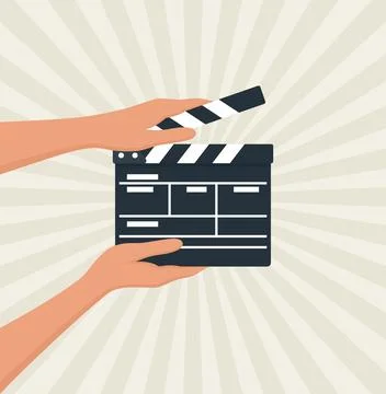 Hands holding black clapper board on beige background, vector illustration Stock Illustration