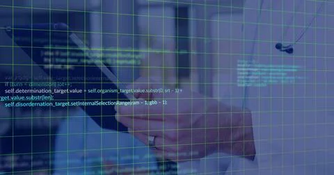 Hands holding black tablet computer in modern office lab, with grid code Stock Photos