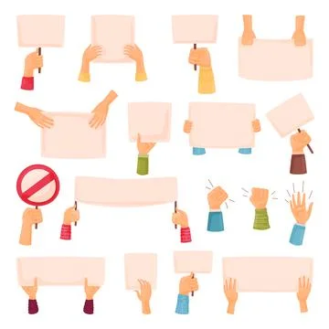 Hands Holding Blank Placards and Empty Protest Poster Big Vector Set Stock Illustration