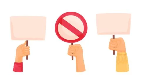 Hands holding blank placards set. Empty protest message poster, demonstration Stock Illustration