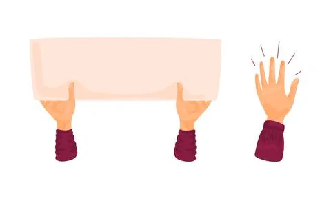 Hands holding blank placards set. Empty message poster, demonstration and Stock Illustration