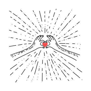 Hands holding blinking heart. Simple illustration in doodle style. Naive styl Illustrazione stock