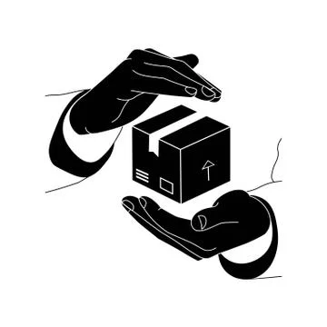 Hands holding a box, package, parcel icon flat logo in black on an isolated w Illustrazione stock