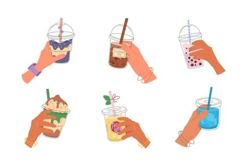 Hands holding bubble tea cups with tapioca pearls Stock Illustration