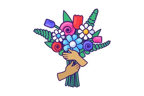 Hands holding bunch of springtime flowers stroked cartoon style Illustrazione stock