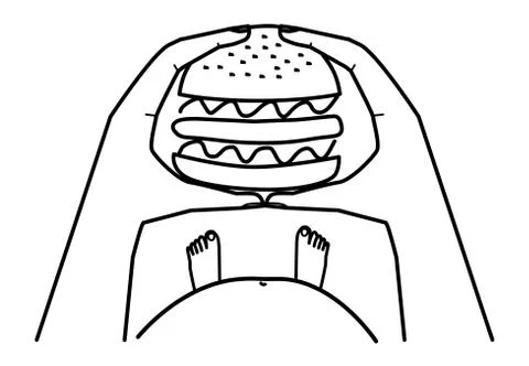 Hands holding a burger. Thick belly. Concept. Outline drawing Stock Illustration