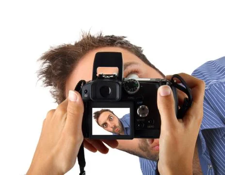 Hands holding a camera and taking a photo to wow man. Stock Photos