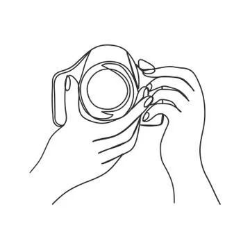 Hands holding camera. Isolated line art. Stock Illustration