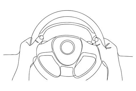 Hands holding car steering wheel continuous line drawing Stock Illustration