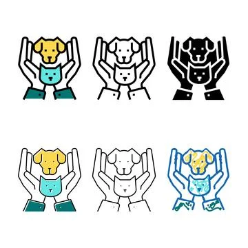 Hands holding cat and simplified dog color icon vector Stock Illustration