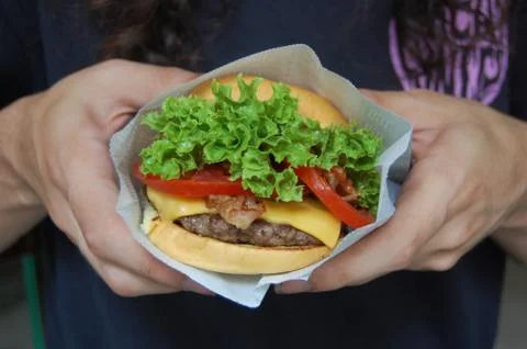 Hands holding cheeseburger Stock-Fotos