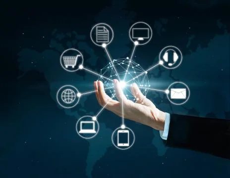 Hands holding circle global network connection, Omni Channel or Multi channel Fotos Stock