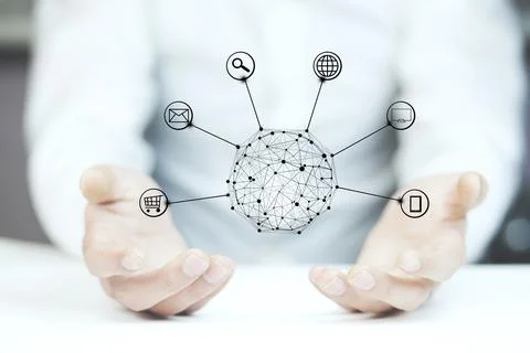 Hands holding circle global network connection Stock Photos